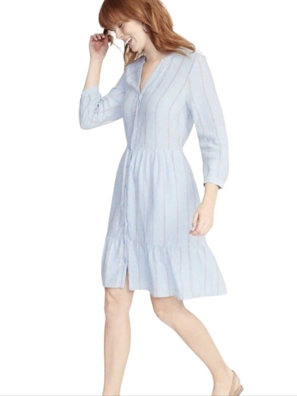 Old Navy Blue Striped Linen Blend Long Sleeve Shirt Dress Size Medium